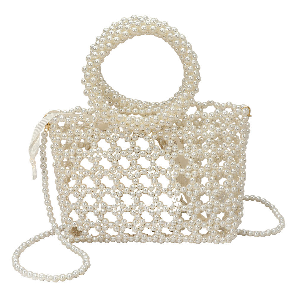 iLLASPARKZ Elegant Pearl Beaded Round Handle Lattice Handbag / Crossbody Bag