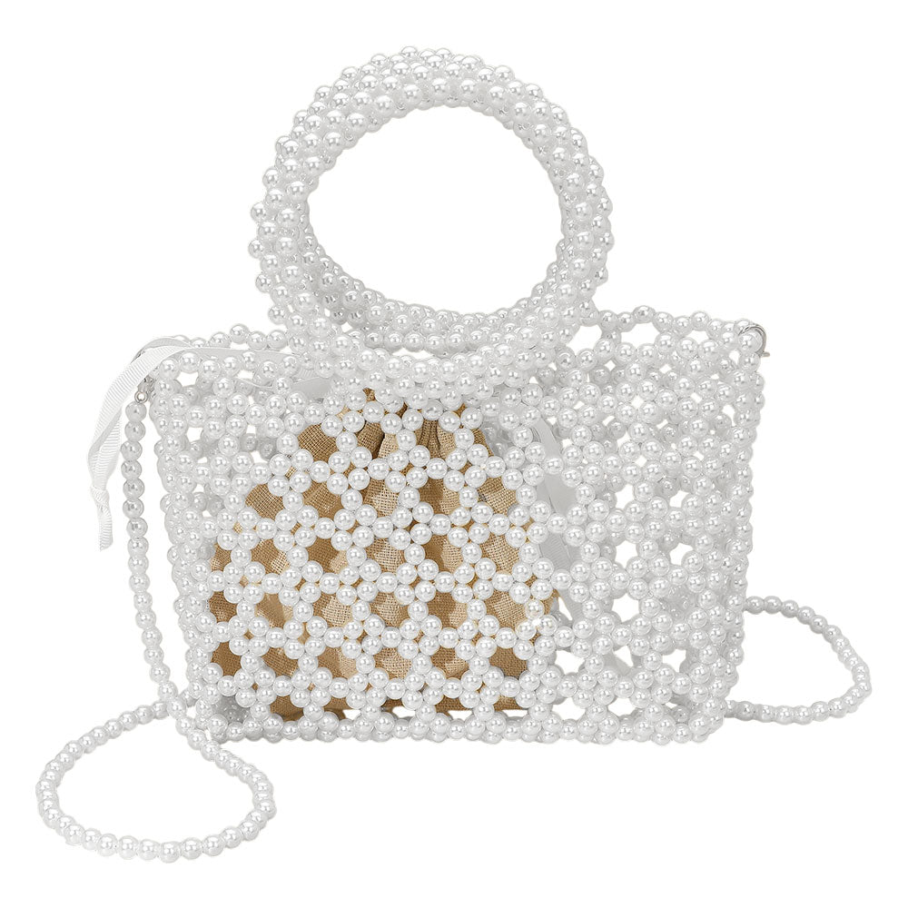 iLLASPARKZ Elegant Pearl Beaded Round Handle Lattice Handbag / Crossbody Bag