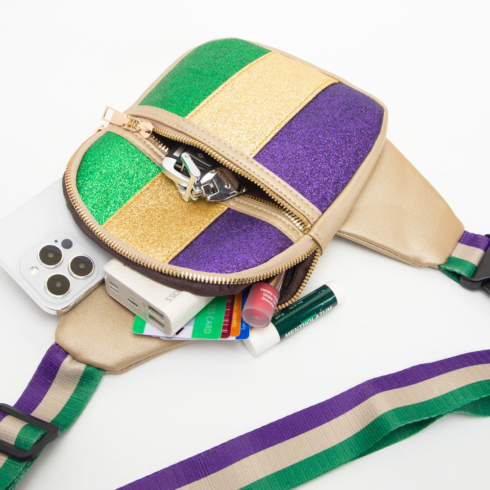 iLLASPARKZ Faux Leather Mardi Gras Sparkle Front Sling Bag