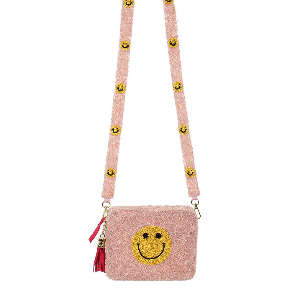 iLLASPARKZ Seed Beaded Smile Accented Rectangle Tassel Crossbody Bag