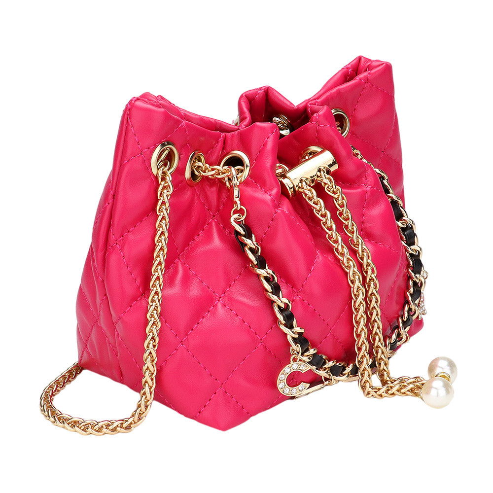 iLLASPARKZ Enamel Charm Chain Pointed Faux Leather Pearl Pointed Chain Mini Bucket Bag