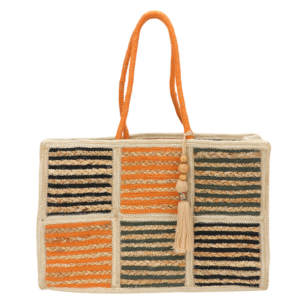 iLLASPARKZ Woven Color Block Stripe Wooden Tassel Straw Tote Bag