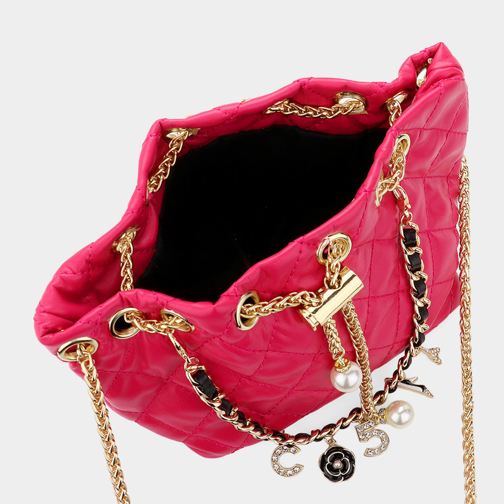 iLLASPARKZ Enamel Charm Chain Pointed Faux Leather Pearl Pointed Chain Mini Bucket Bag