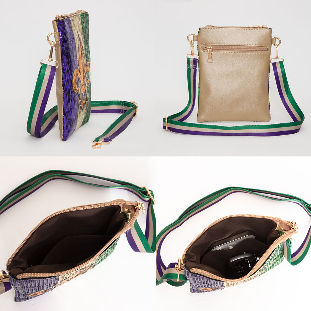 iLLASPARKZ Fleur de Lis Mardi Gras Sequin Crossbody Bag