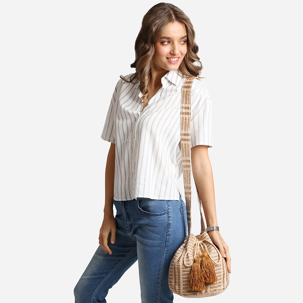 iLLASPARKZ Striped Tassel Crossbody Bucket Bag