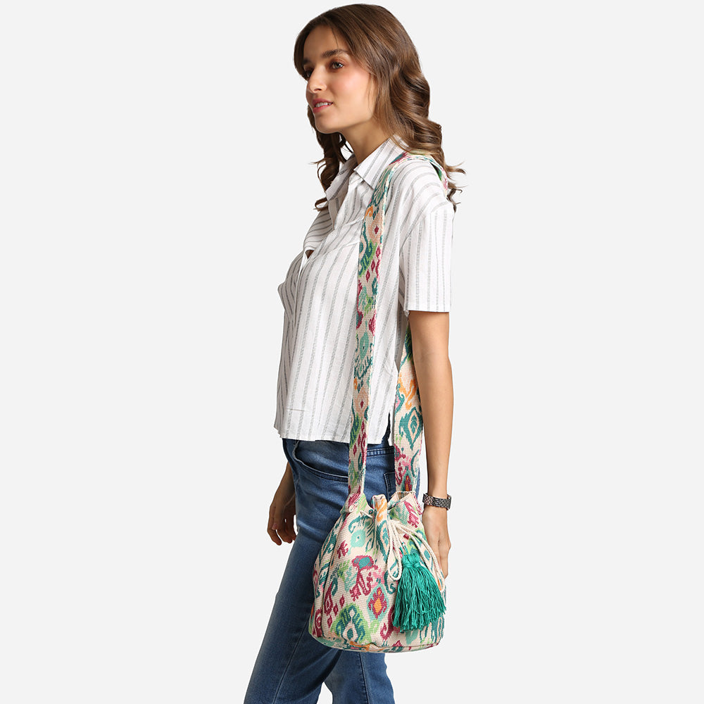 iLLASPARKZ Boho Ikat Pattern Woven Tassel Crossbody Bucket Bag