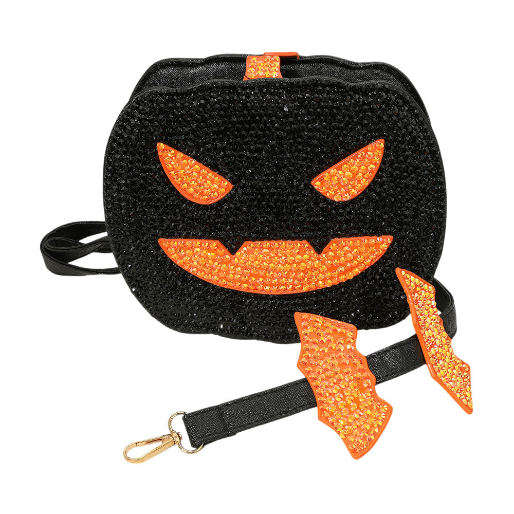 iLLASPARKZ Bling Studded Halloween Pumpkin Face Bat Strap Crossbody Bag