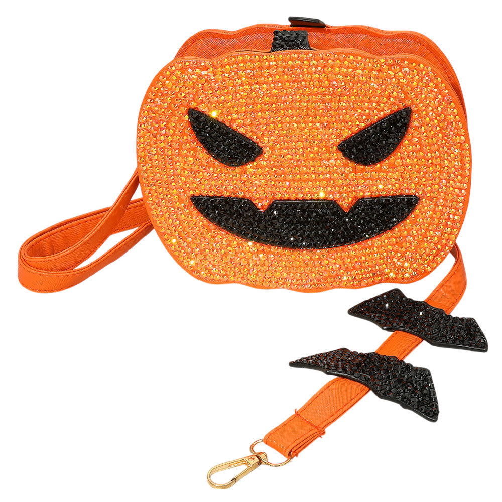 iLLASPARKZ Bling Studded Halloween Pumpkin Face Bat Strap Crossbody Bag