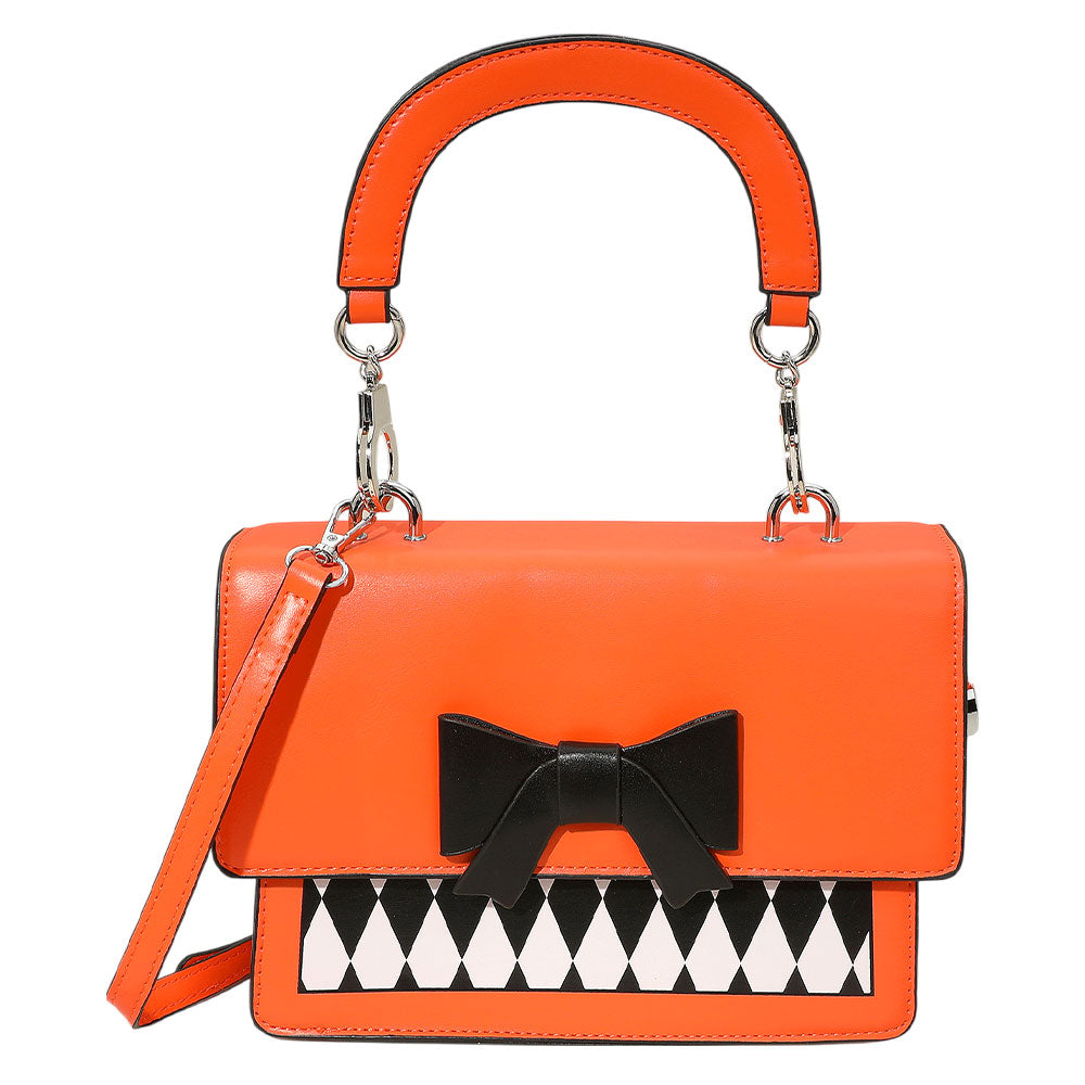 iLLASPARKZ Faux Leather Harlequin Pattern Bow Accent Halloween Handbag / Crossbody Bag
