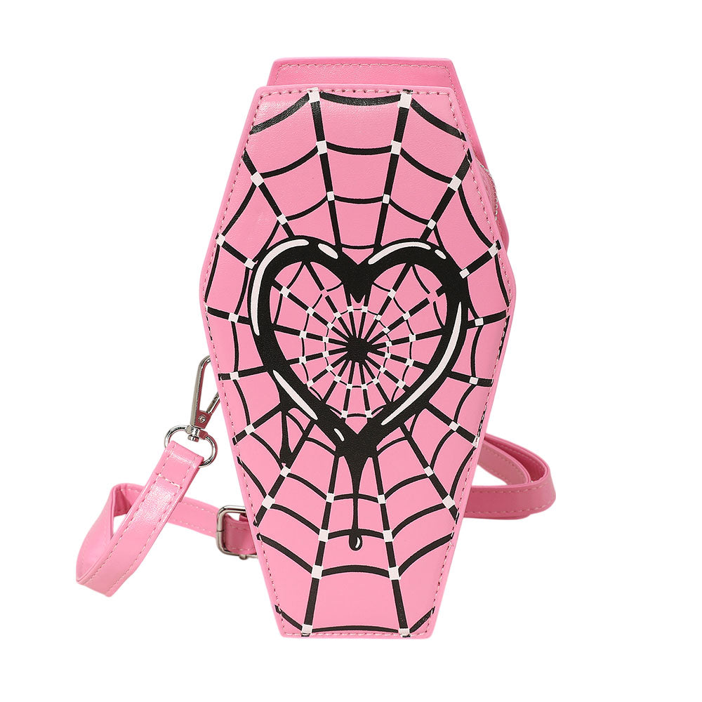 iLLASPARKZ Faux Leather Gothic Heart Spiderweb Printed Coffin Crossbody Bag