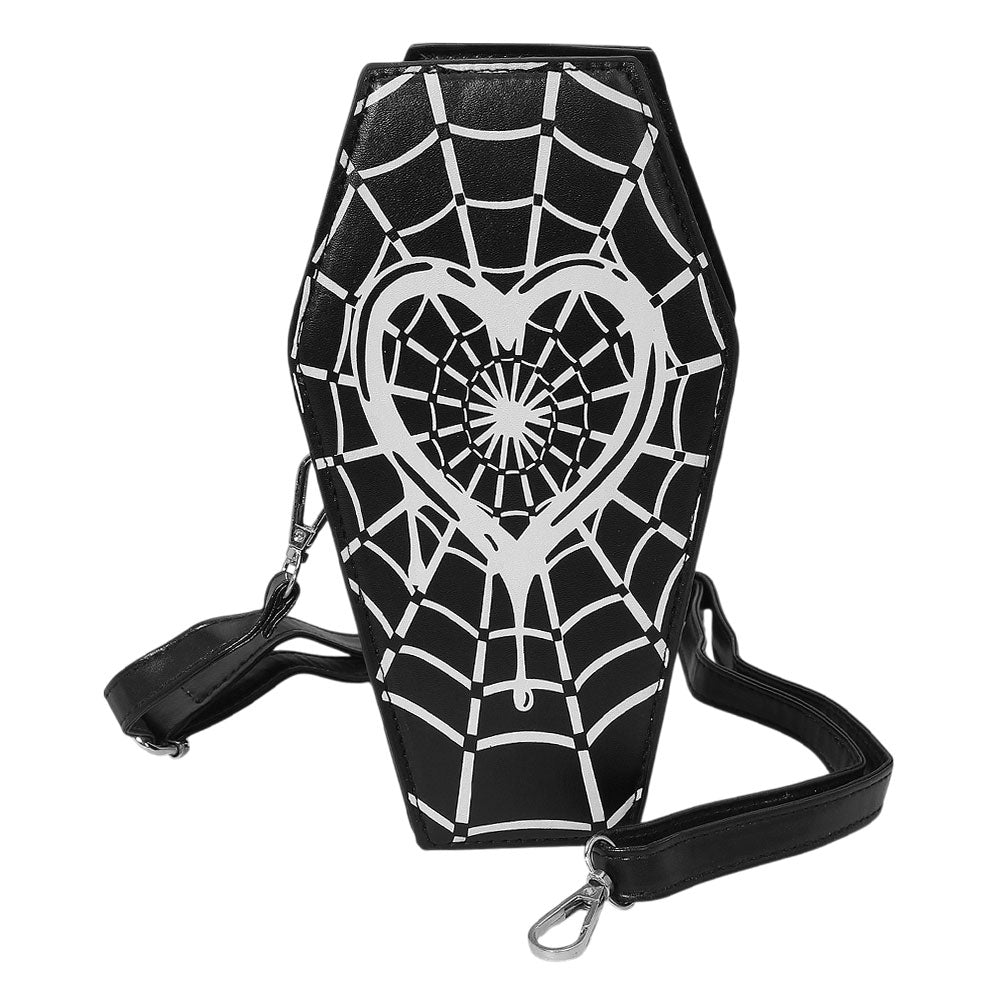 iLLASPARKZ Faux Leather Gothic Heart Spiderweb Printed Coffin Crossbody Bag