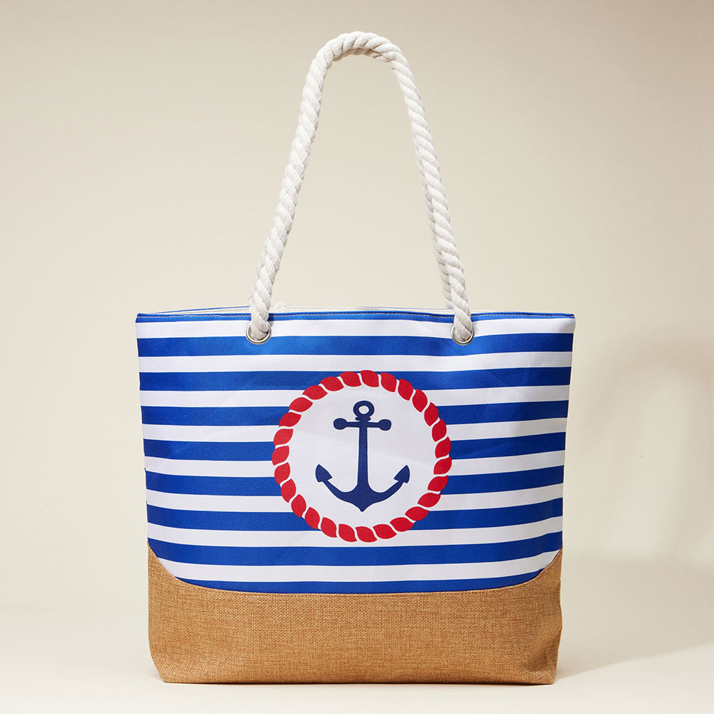 iLLASPARKZ Anchor Printed Striped Rope Handle Beach Tote Bag