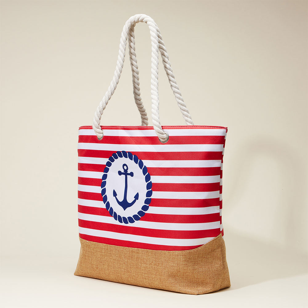 iLLASPARKZ Anchor Printed Striped Rope Handle Beach Tote Bag