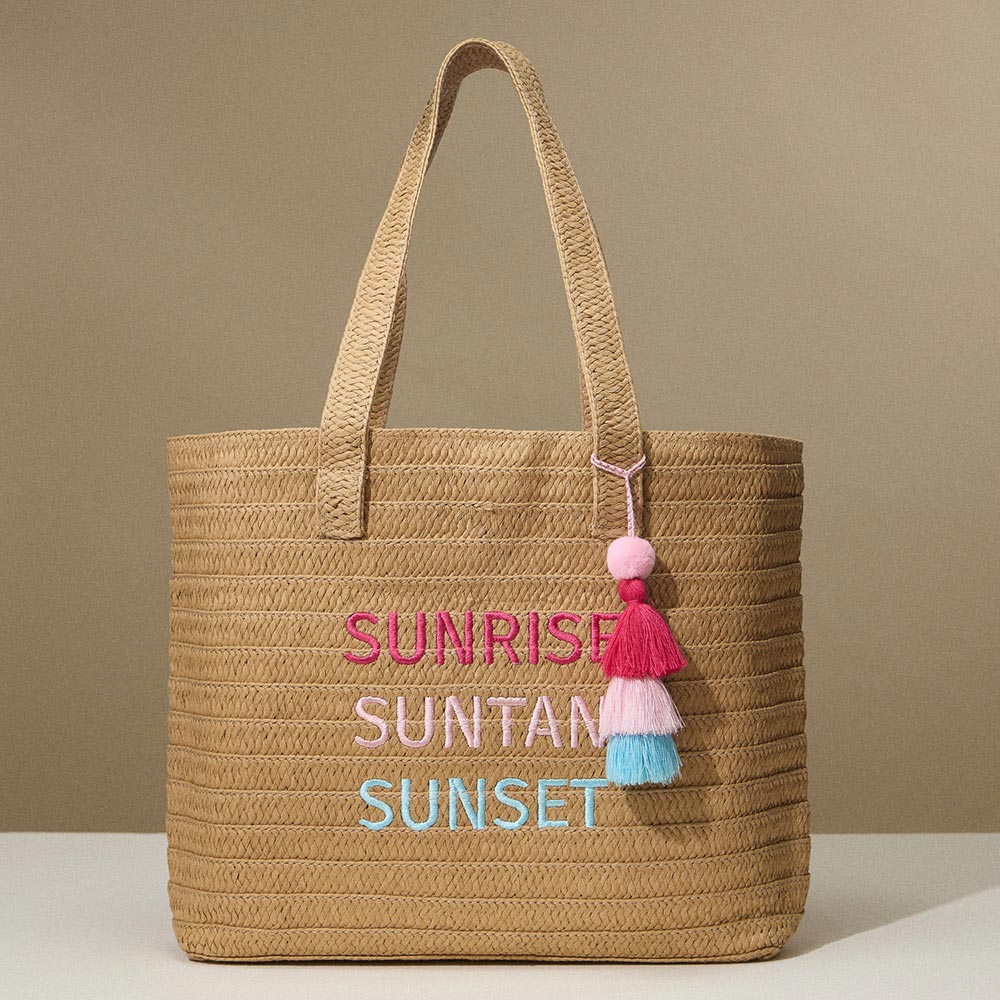 iLLASPARKZ Raffia SUNRISE SUNTAN SUNSET Message Embroidered Summer Tote Bag