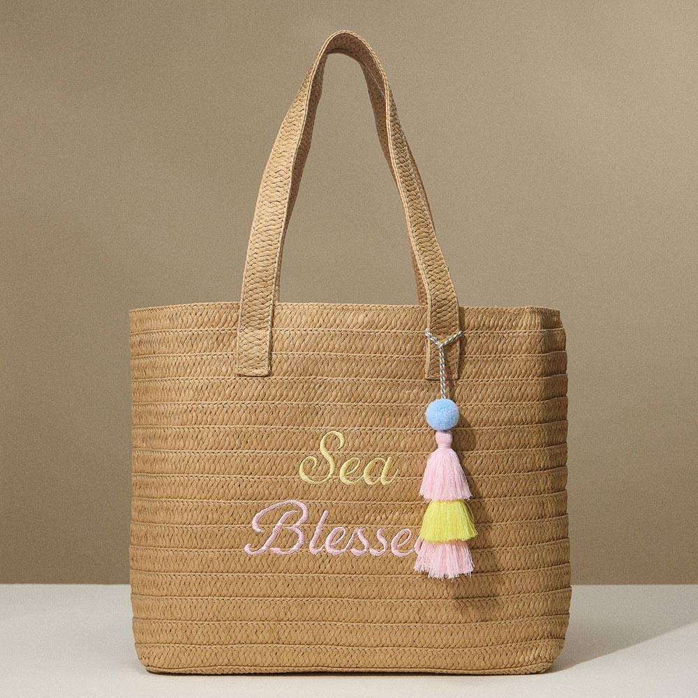iLLASPARKZ Raffia SEA BLESSED Message Embroidered Summer Tote Bag