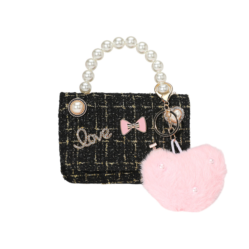 iLLASPARKZ HOT FOCUS - Tiny Mini Tweed Crossbody Bag with Heart Pom Pom Keychain