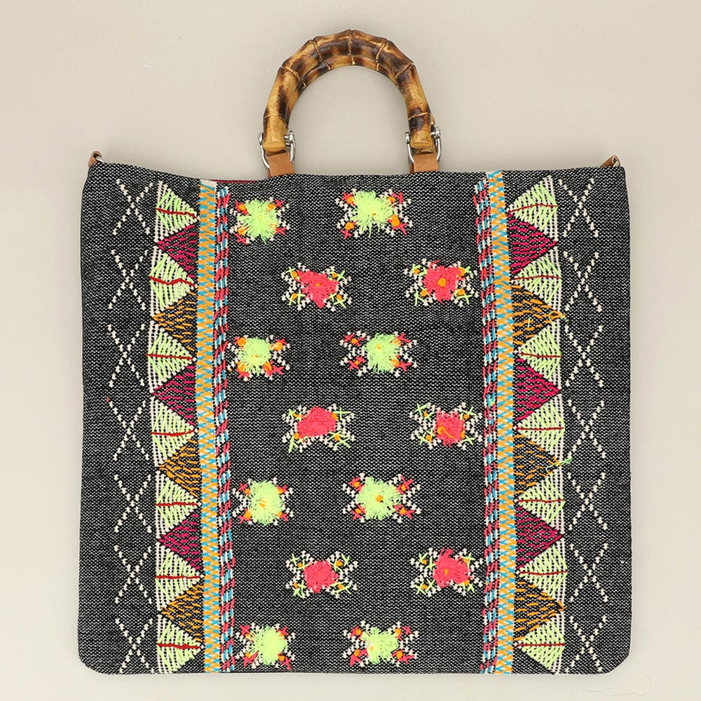 iLLASPARKZ Handwoven Embroidery Boho Pattern Bamboo Handle Tote / Crossbody Bag