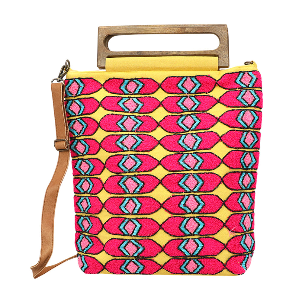 iLLASPARKZ Boho Geometric Pattern Wooden Handle Tote / Crossbody Bag