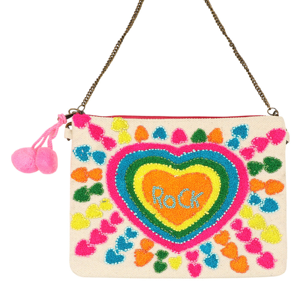 iLLASPARKZ Boho Rainbow Heart Pom Pom Clutch Bag / Crossbody Bag