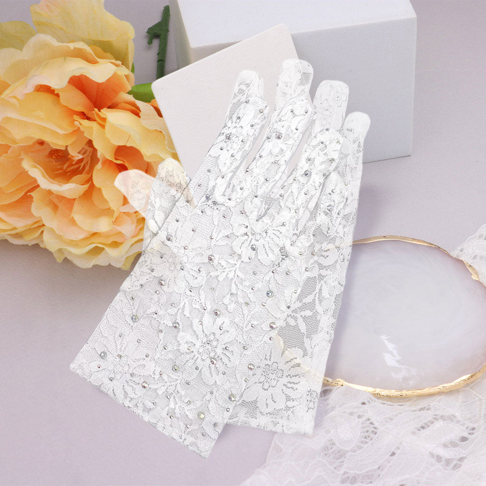 iLLASPARKZ Stone Embellished Floral Lace Dressy Wedding Gloves