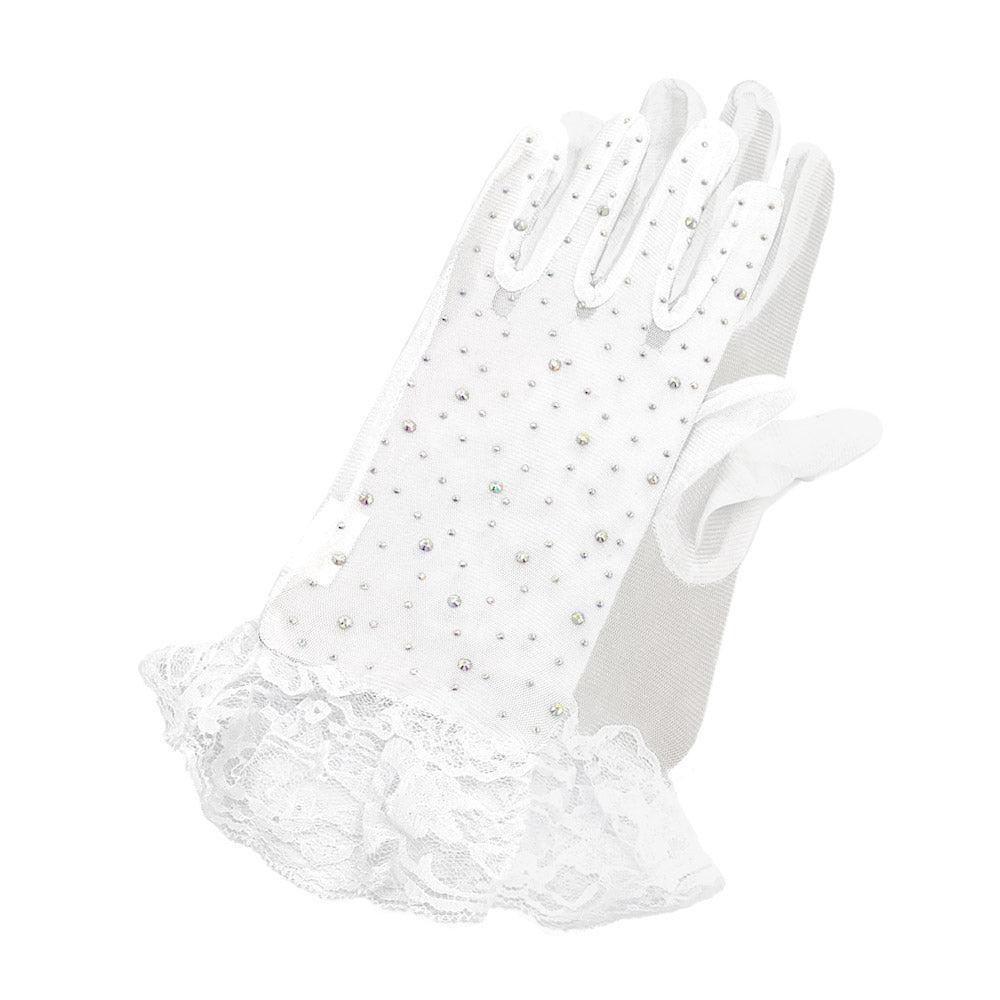 iLLASPARKZ Stone Embellished Lace Cuff Mesh Dressy Wedding Gloves