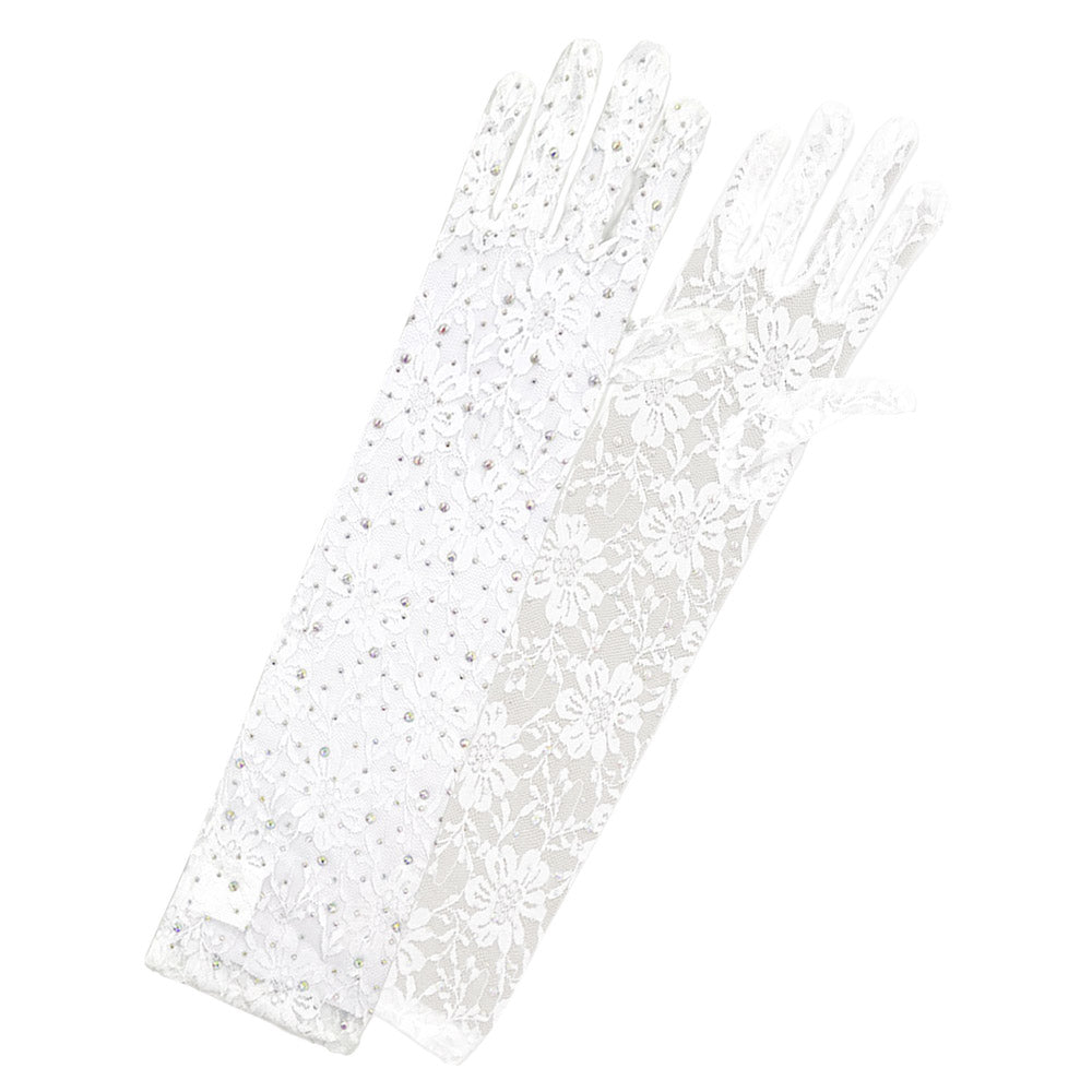 iLLASPARKZ Stone Embellished Floral Lace Dressy Long Wedding Gloves