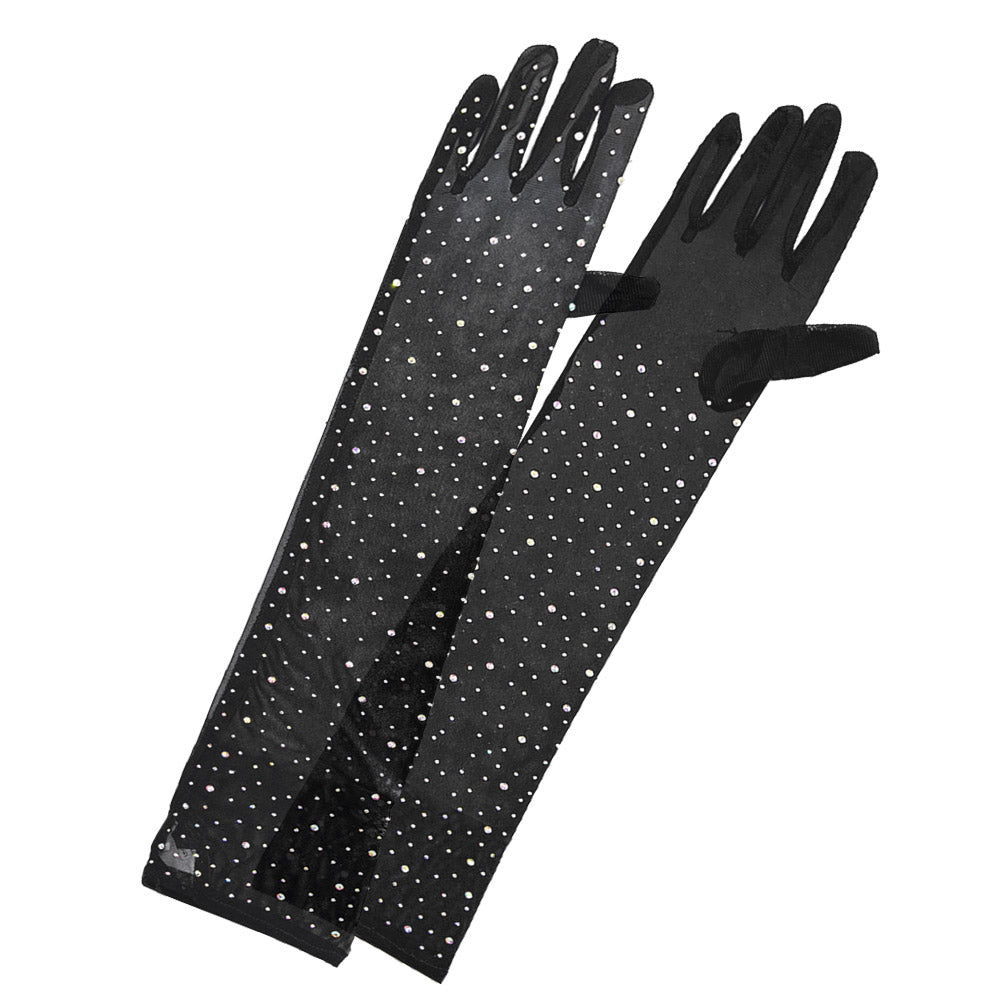 iLLASPARKZ Stone Embellished Dressy Mesh Long Wedding Gloves