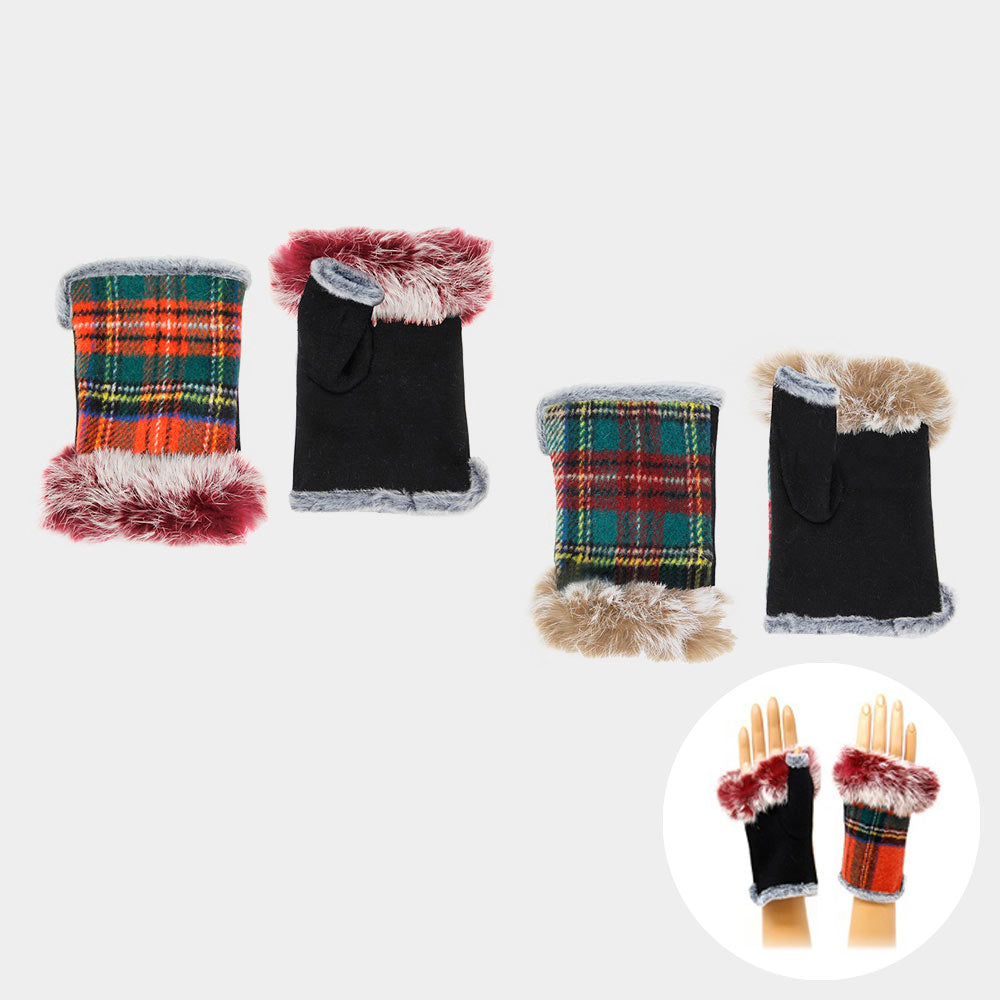 iLLASPARKZ Plaid Fingerless Fur Gloves