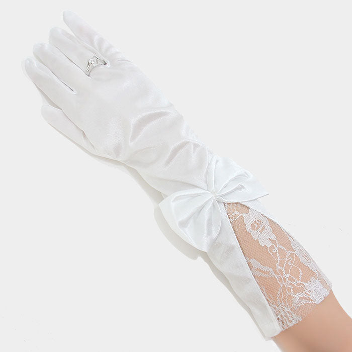 iLLASPARKZ Bridal wedding bow detail satin lace gloves