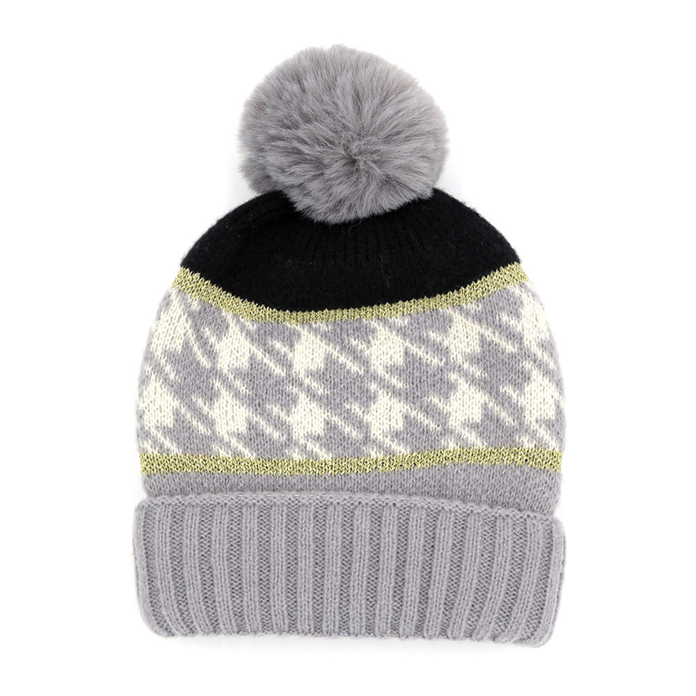 iLLASPARKZ Houndstooth Patterned Pom Pom Beanie Hat