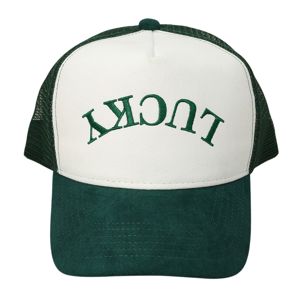 iLLASPARKZ Upside Down LUCKY Message Embroidered Mesh Back Suede Trucker Cap