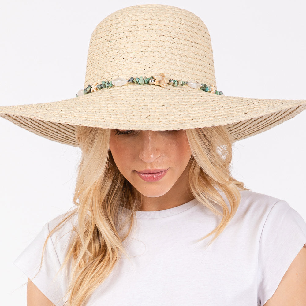 iLLASPARKZ Wide Brim Floppy Sun Hat with Turquoise Stone and Starfish Band