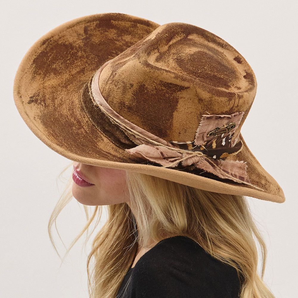 iLLASPARKZ Feather Accent Distressed Band Rustic Western Cowgirl Fedora Hat