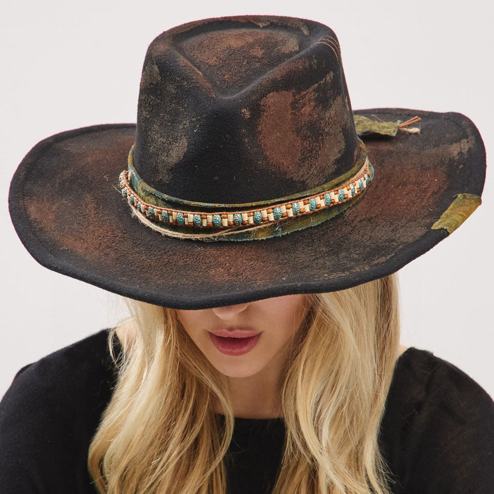 iLLASPARKZ Vintage Western Distressed Beaded Band Rustic Cowgirl Fedora Hat