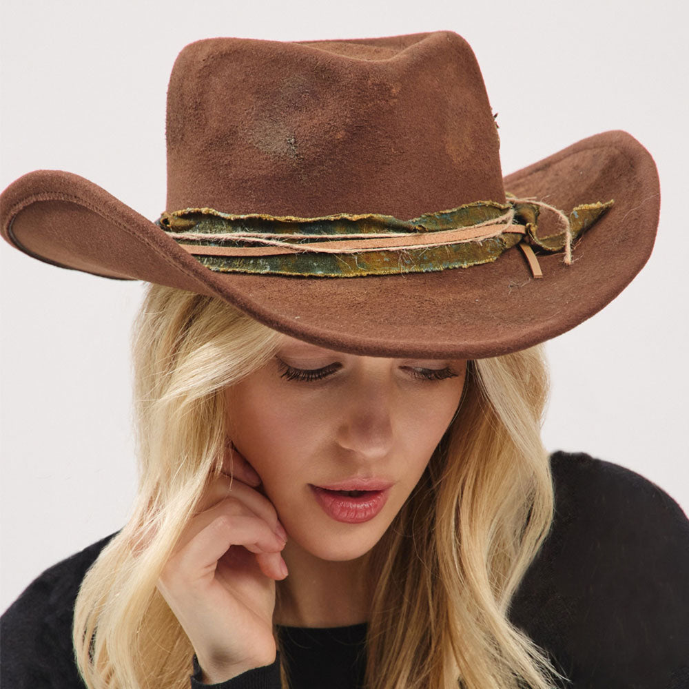 iLLASPARKZ Vintage Inspired Distressed Fabric Suede Band Rustic Cowgirl Western Fedora Hat