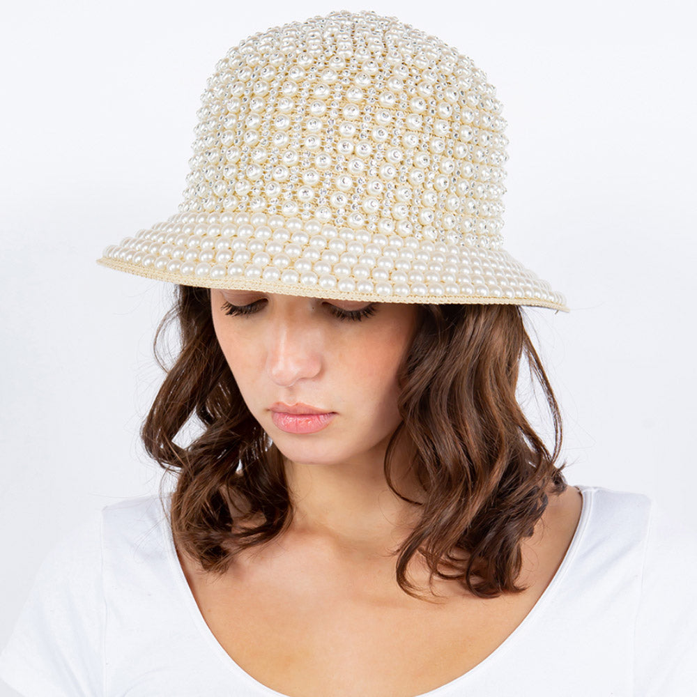 iLLASPARKZ Pearl Rhinestone Embellished Straw Bucket Hat