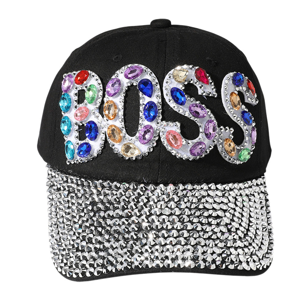 iLLASPARKZ Oval Rhinestone Cluster Embellished BOSS Message Bling Studded Glam Baseball Cap