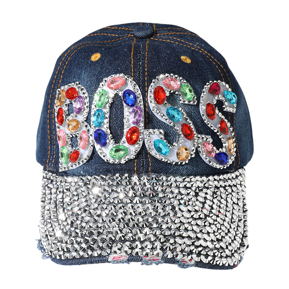 iLLASPARKZ Oval Rhinestone Cluster Embellished BOSS Message Bling Studded Glam Baseball Cap
