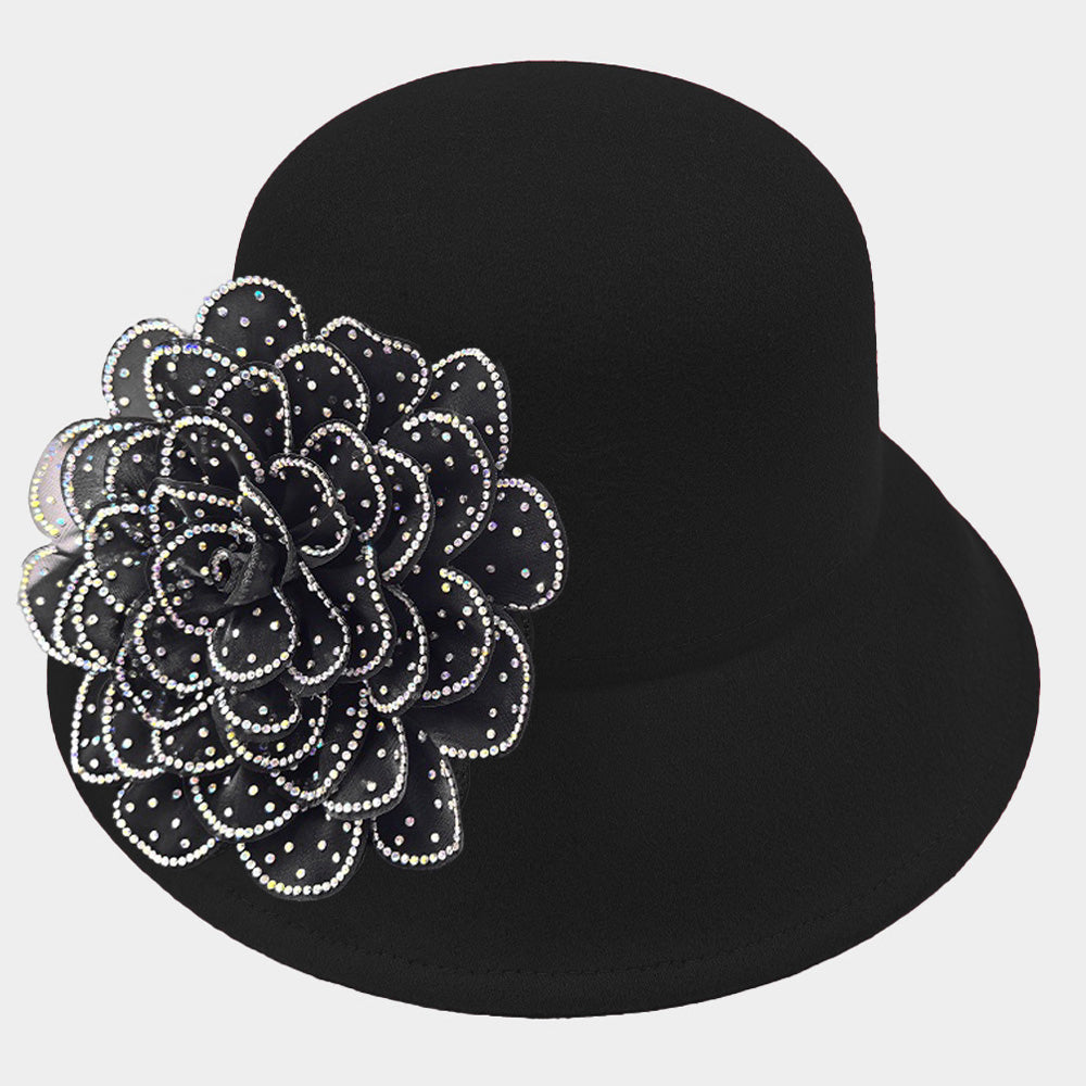 iLLASPARKZ Bling Studded Flower Felt Wedding Jazz Church Bucket Hat