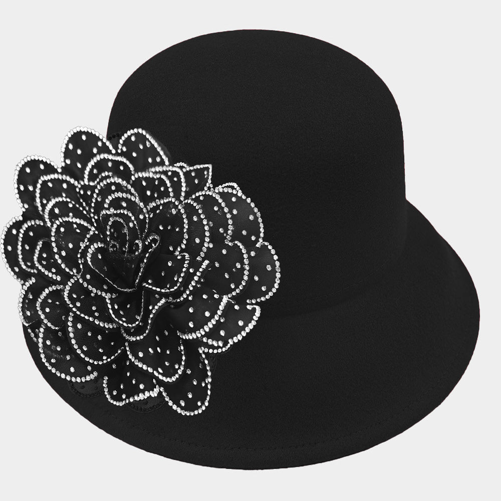 iLLASPARKZ Bling Studded Flower Felt Wedding Jazz Church Bucket Hat