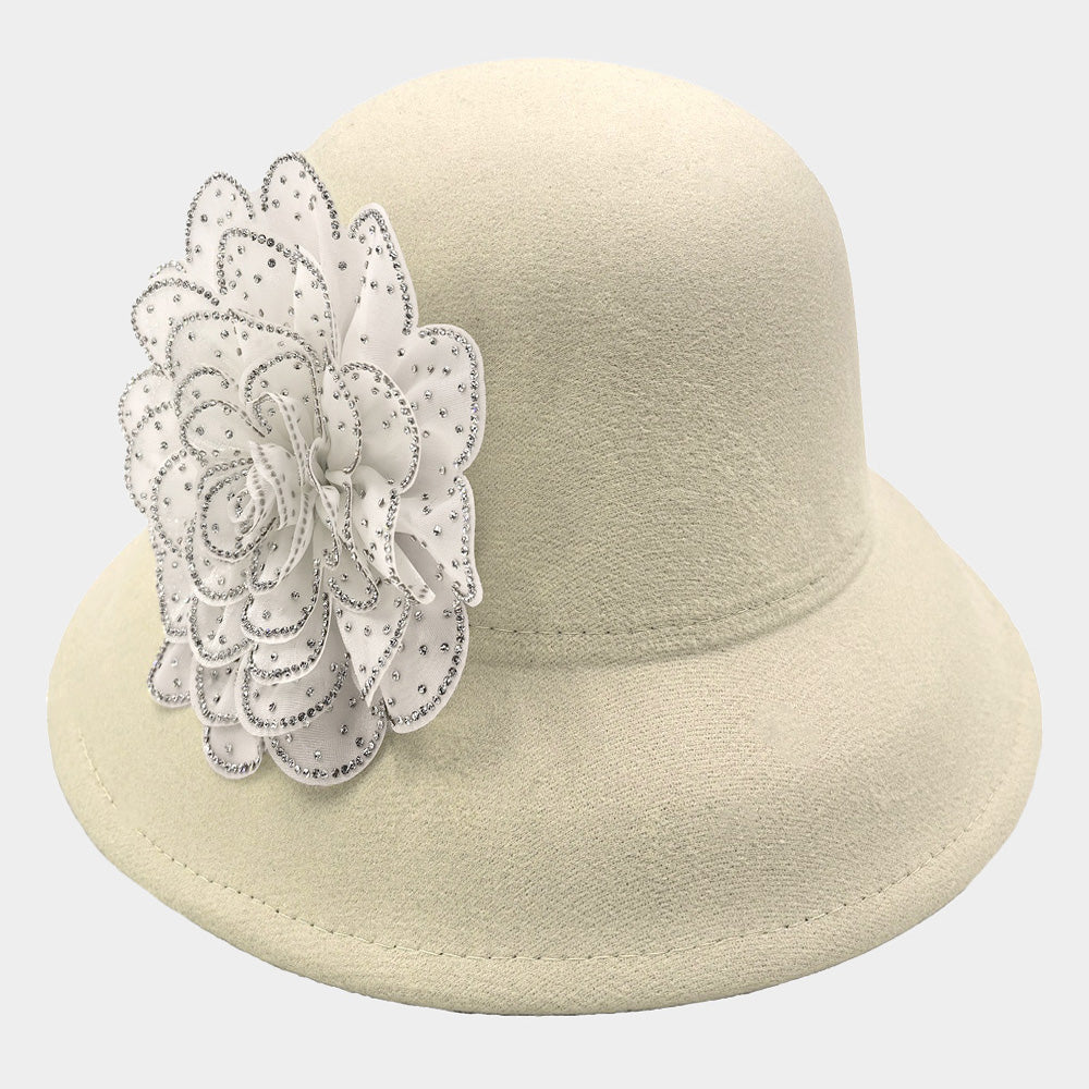 iLLASPARKZ Bling Studded Flower Felt Wedding Jazz Church Bucket Hat