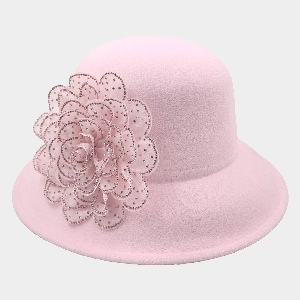 iLLASPARKZ Bling Studded Flower Felt Wedding Jazz Church Bucket Hat