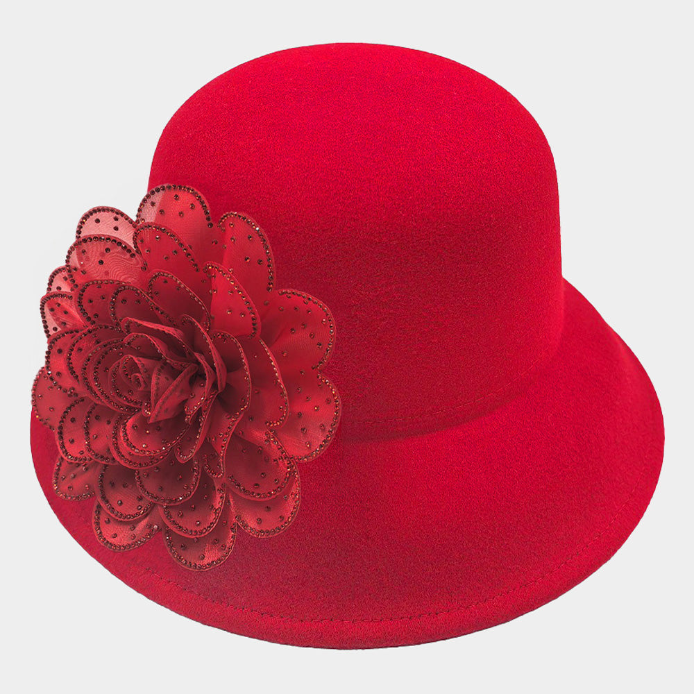 iLLASPARKZ Bling Studded Flower Felt Wedding Jazz Church Bucket Hat