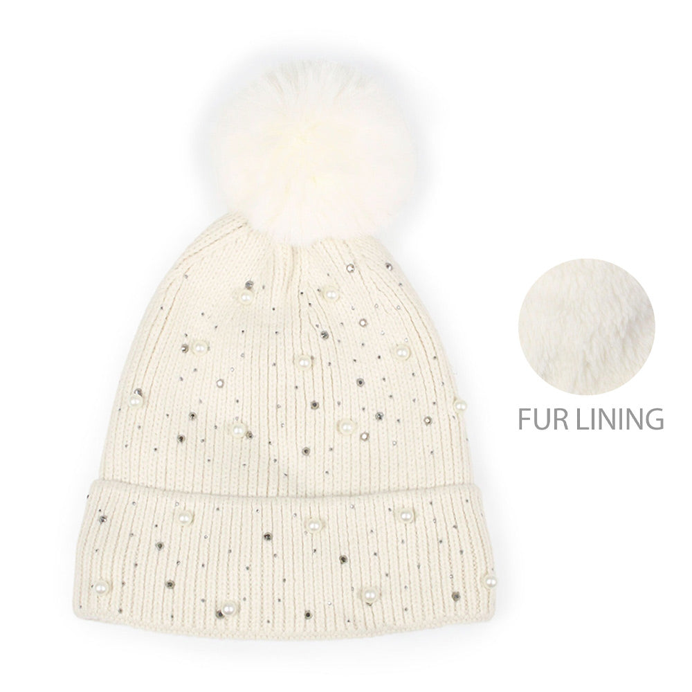 iLLASPARKZ Pearl Embellished Lining Knit Pom Pom Beanie Hat