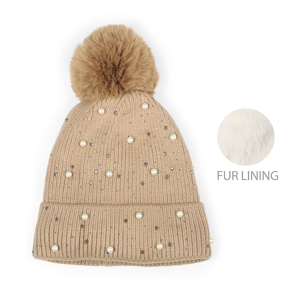 iLLASPARKZ Pearl Embellished Lining Knit Pom Pom Beanie Hat