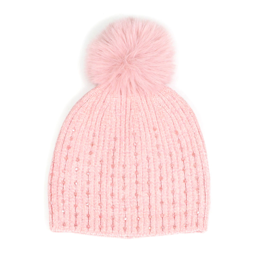 iLLASPARKZ Stone Embellished Chenille Pom Pom Beanie Hat