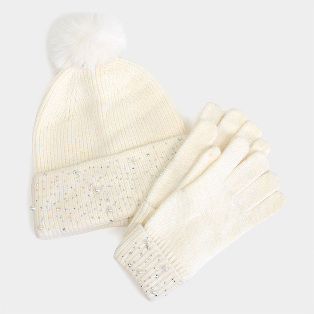 iLLASPARKZ Pearl Stone Deco Embellished Pom Pom Beanie Hat Touch Smart Gloves Set