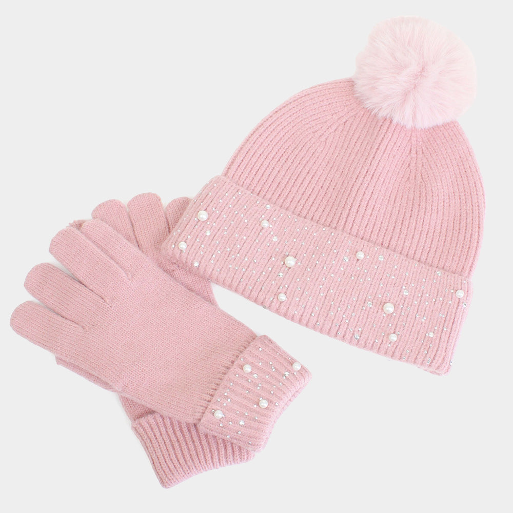 iLLASPARKZ Pearl Stone Deco Embellished Pom Pom Beanie Hat Touch Smart Gloves Set