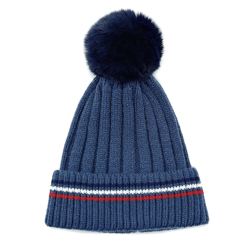 iLLASPARKZ Stripe Pointed Faux Fur Pom Pom Knit Beanie Hat