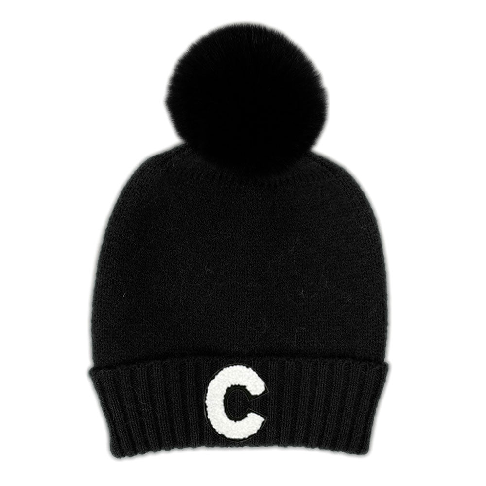 iLLASPARKZ -C- Monogram Faux Fur Pom Pom Knit Beanie Hat